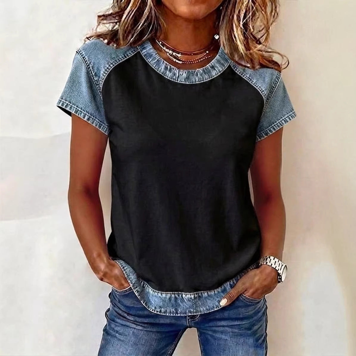 Retro Denim Patchwork Short-sleeve With Creative Elements 