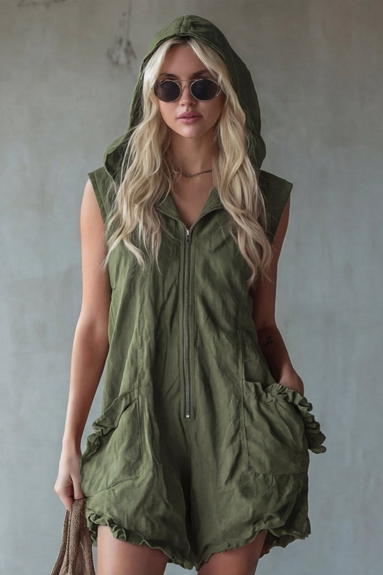 Retro-style Hooded Zip-up Sleeveless Cropped Cotton-linen Jumpsuit 