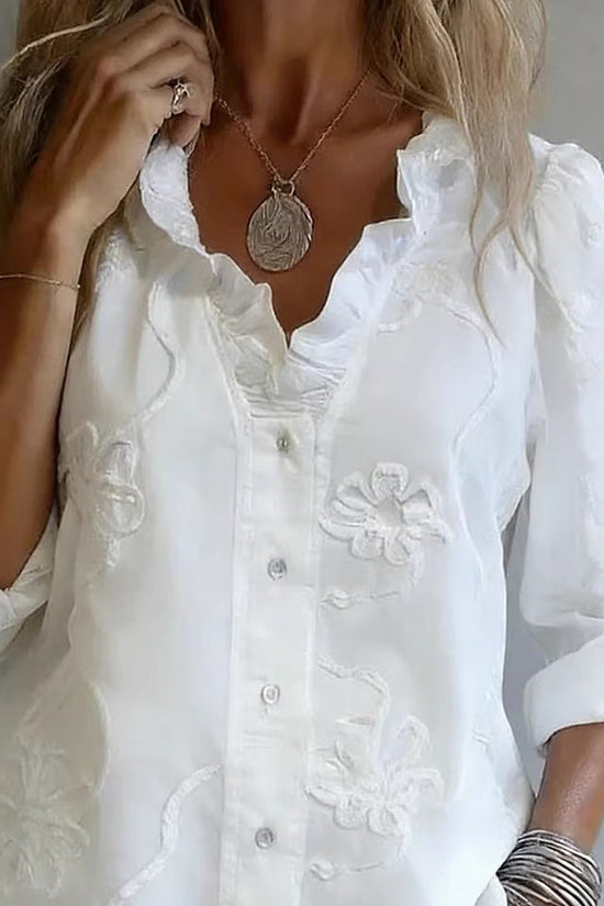 Lace-embroidered Cotton-linen Sweet Blouse 