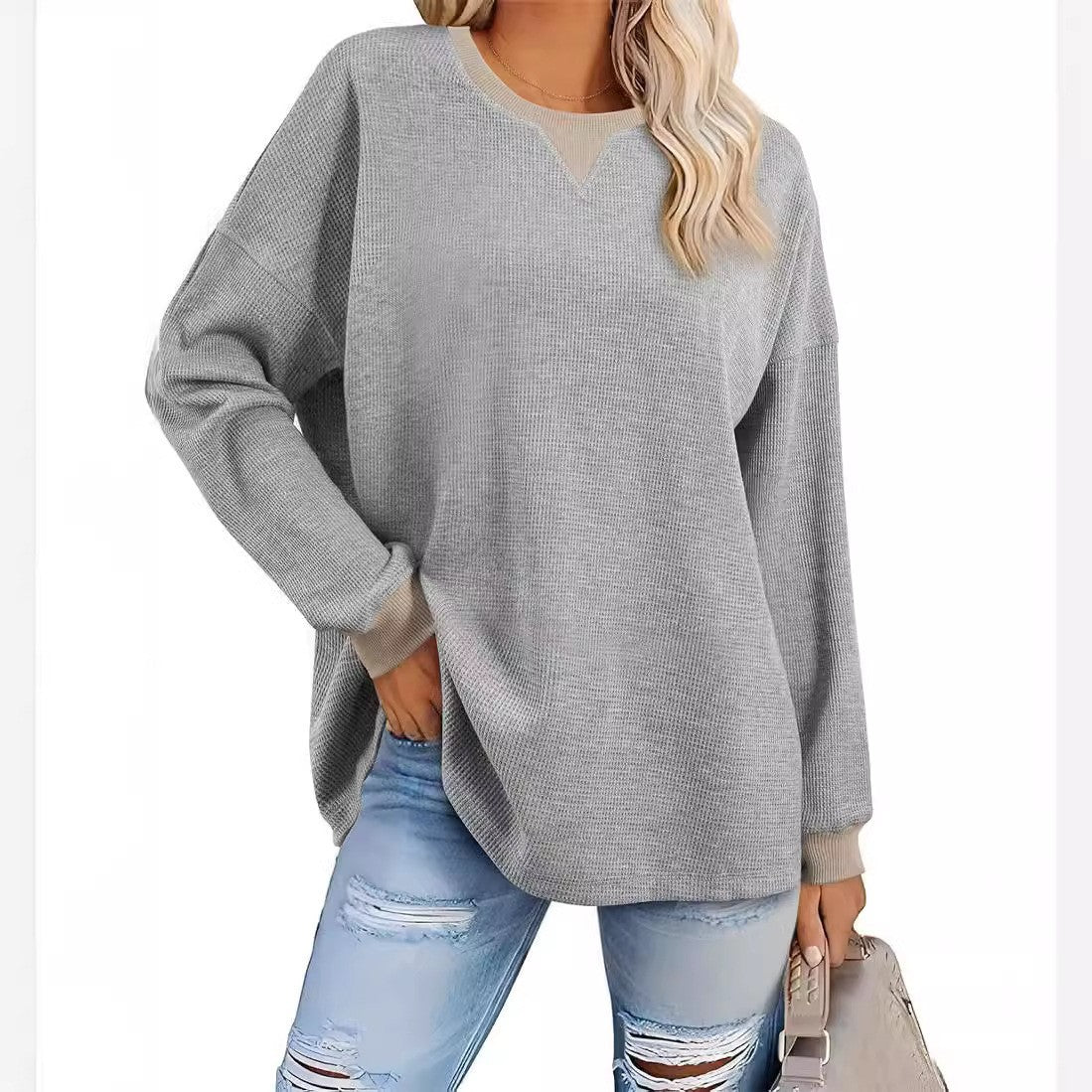 Women's Fashion Round-Neck Color-Block Long-Sleeve Sweatshirt 