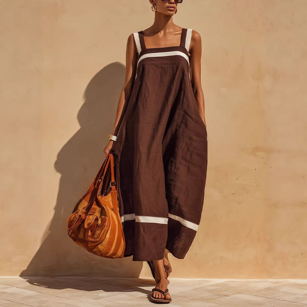 Strap Contrast-Color Womens Casual Loose Dress 