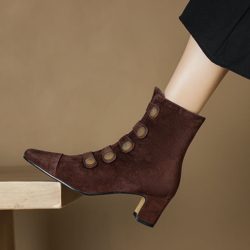 Retro High-heeled Ankle Boots For Women New Autumn Style Suede Round Toe Side Zipper Chunky Heel 