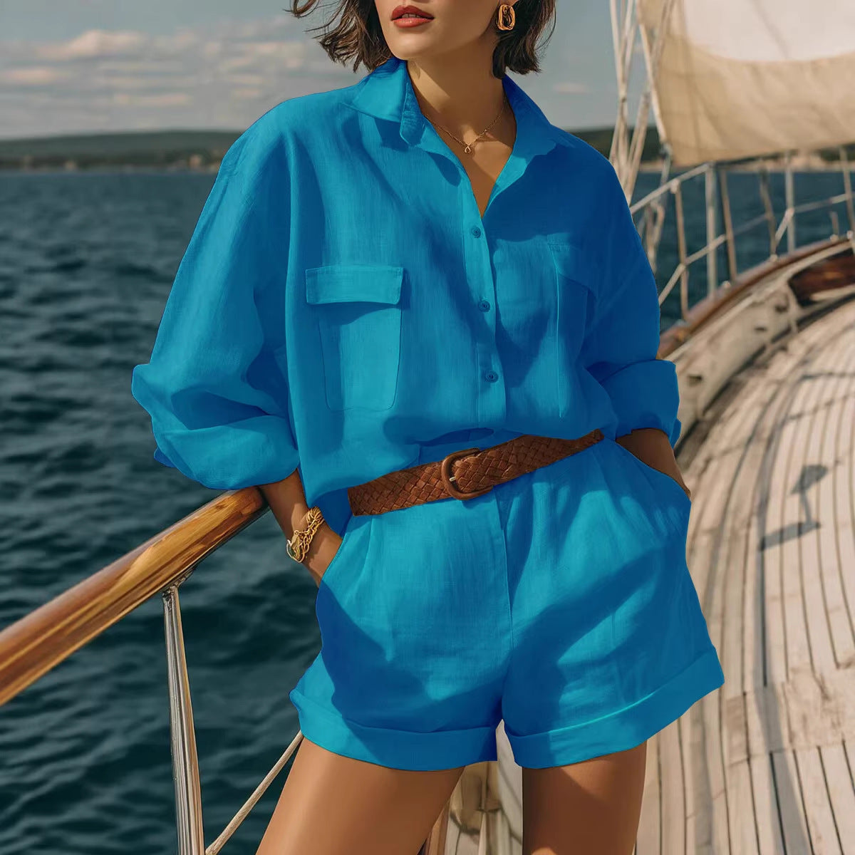 Cotton-linen Loose-fit Button-down Shirt And Shorts Fashion Casual Set 