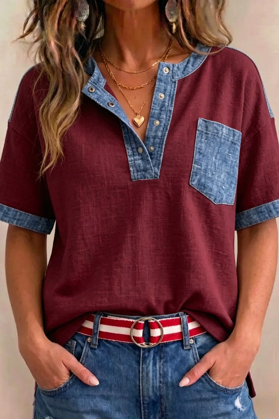 Women's Casual Loose-Fitting Patchwork Short-Sleeve Top 