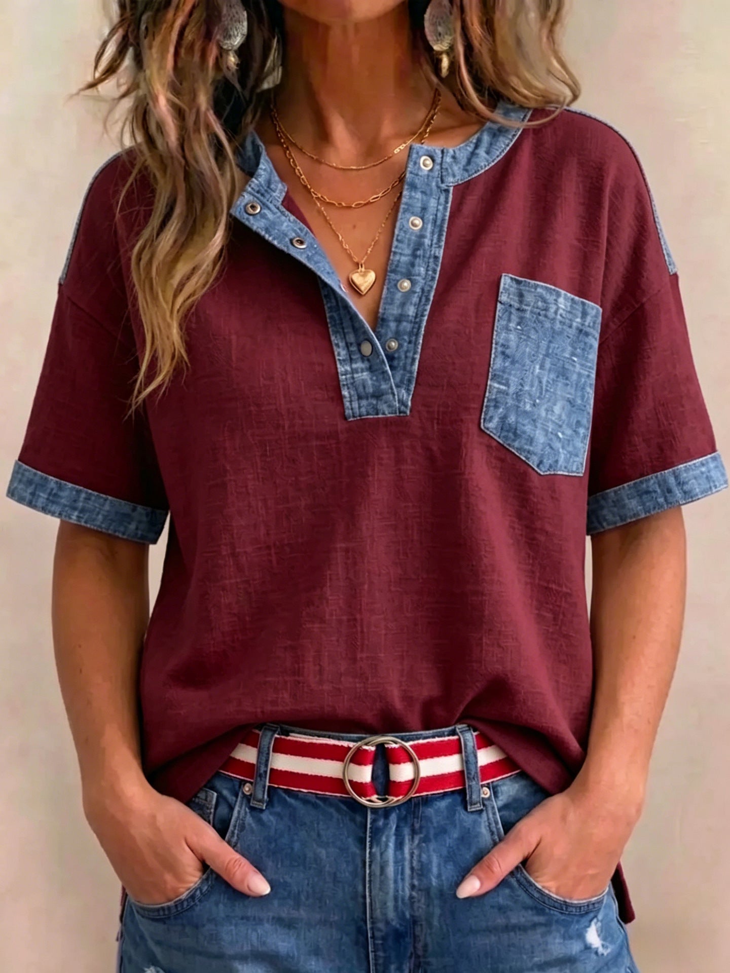 Women's Casual Loose-Fitting Patchwork Short-Sleeve Top 