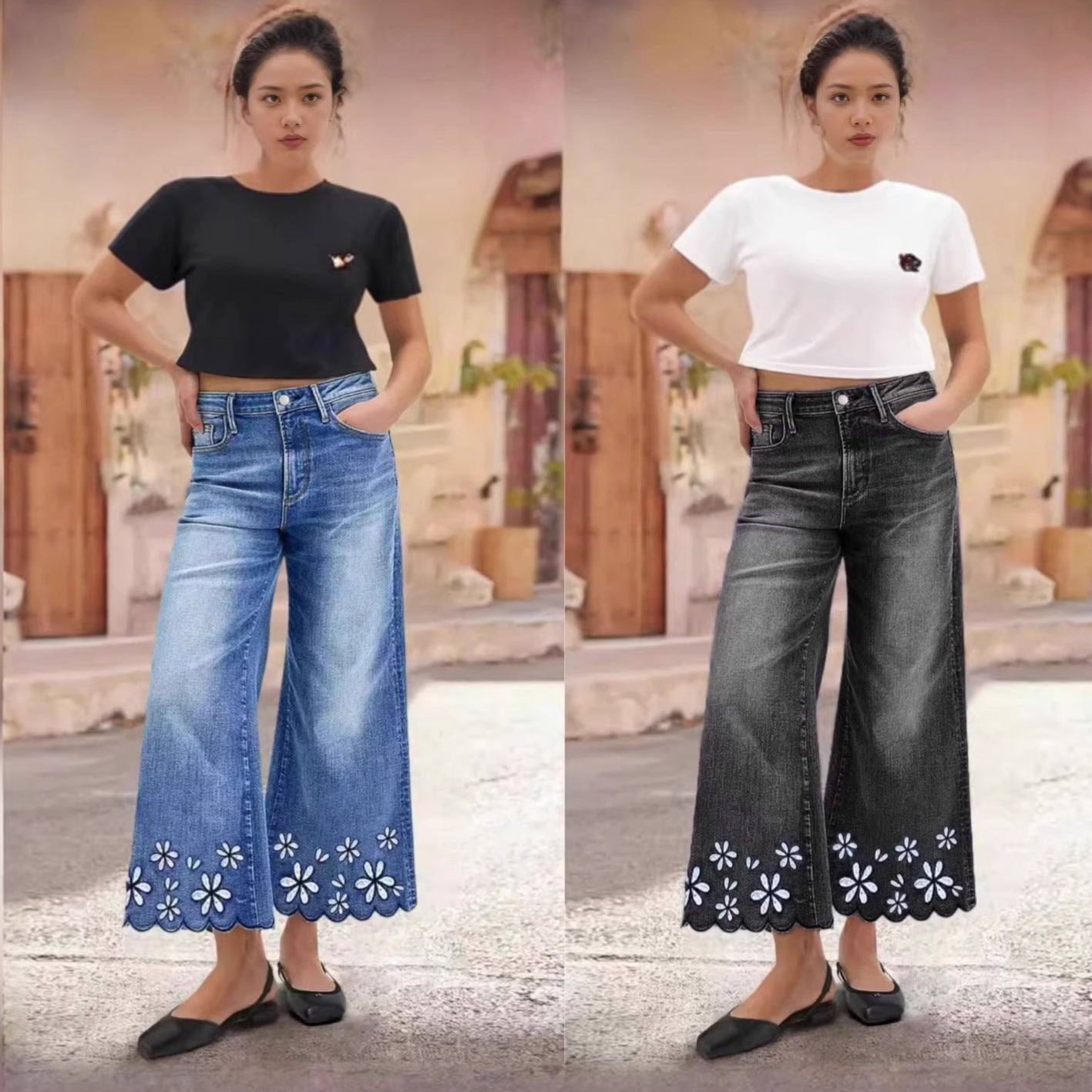 Chrysanthemum Embroidered Casual Stretch Womens Cropped Denim Jeans 