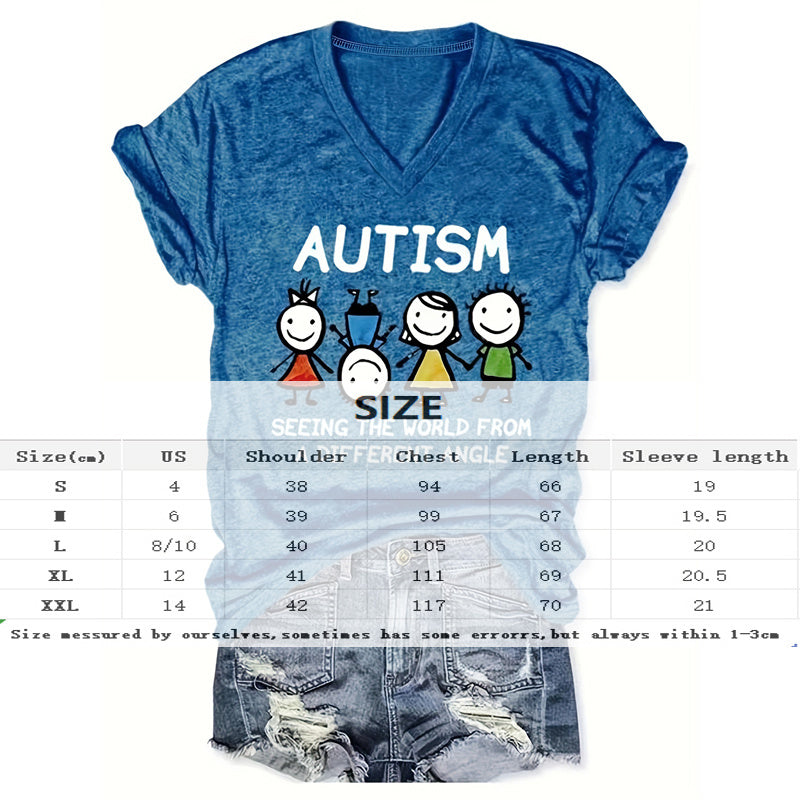 V-Neck 'AUTISM' Letters & Cartoon Children Print Tee CJ US