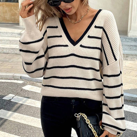 Women's Elegant Striped V-Neck Sweater, Back Tie Bow Detail Loose Fit Pullover For Spring And Fall 