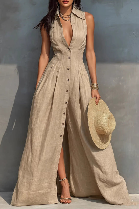High-waisted Lapel Shirt-style Maxi Dress 