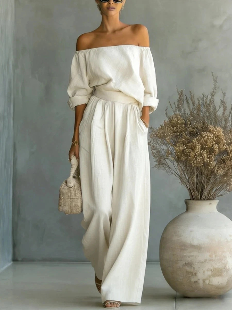 Casual Two-Piece Womens Outfit Off-Shoulder Top And Wide-Leg Pants Set 
