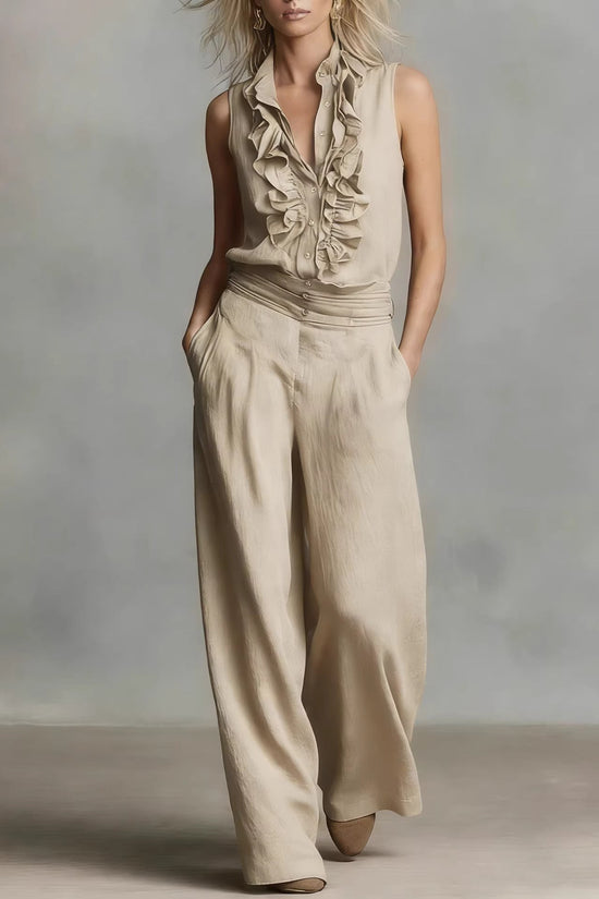 Linen-blend Sleeveless Shirt And Wide-leg Pants Set 