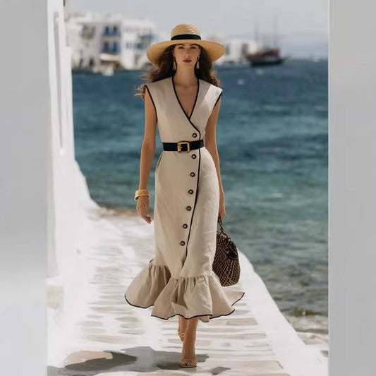 Fashionable V-Neck Linen Blend Midi Dress 