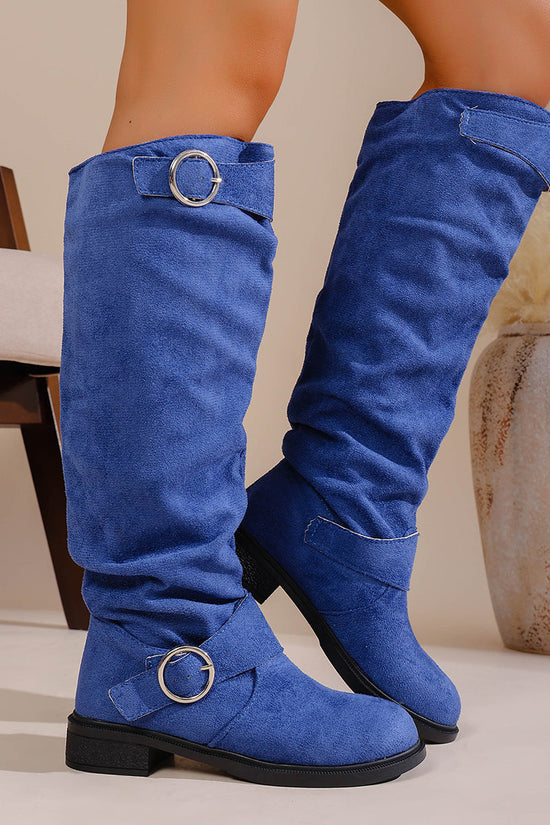 Pleated Flat-bottom Western Cowboy Boots For Women With Belt Buckle 