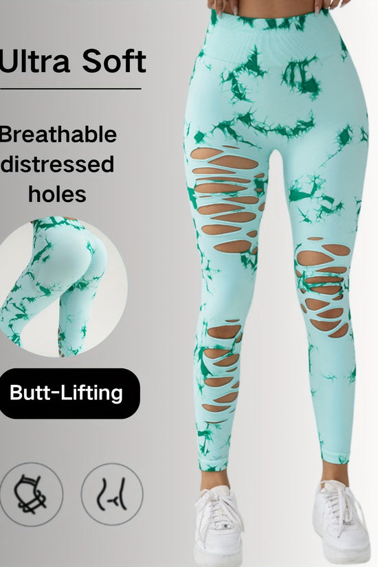 New Style Women's High-Waisted Yoga Leggings With Hollow-Out & Tie-Dye Design CJ US