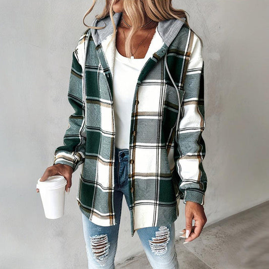 Women's Plaid Hoodie Long Sleeve Jacket Button Drawstring Casual Fall Shirts Shacket With Pocket CJ US