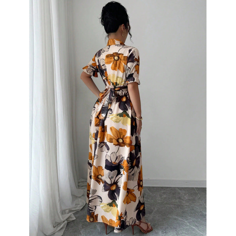 Womens Blouse-collar Puff-sleeve Cross-tie Waist Printed Dress 