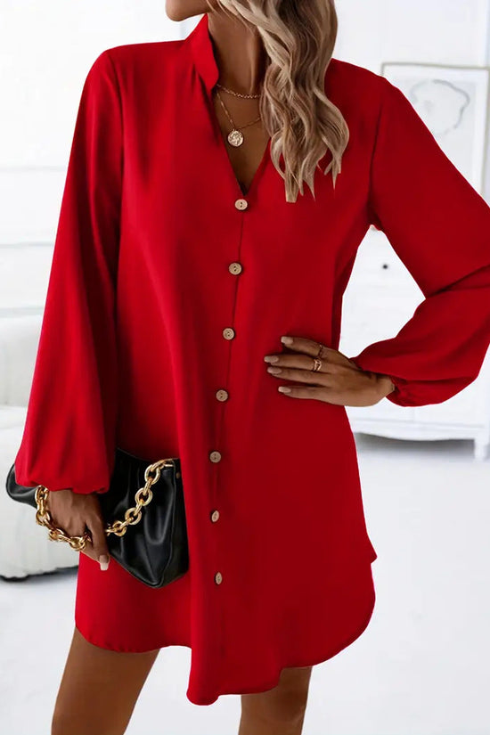 Women Solid Color V-Neck Long Sleeve Single Breasted A-Line Dress 