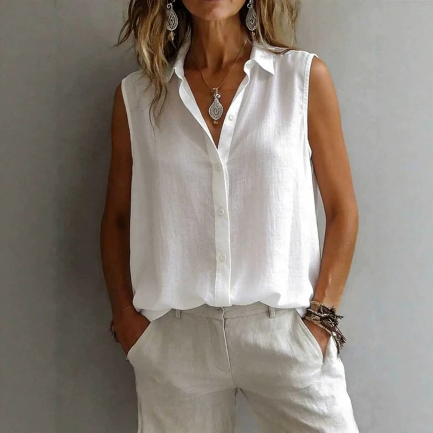 Women's Solid Color Casual Lapel Sleeveless Shirt 