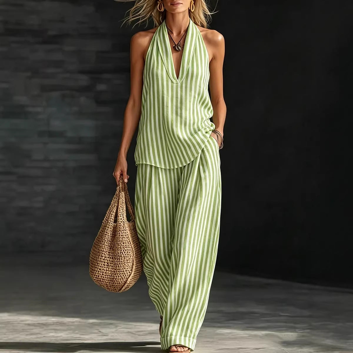 Striped Wide-leg Pants Womens Fashionable Two-piece Set 