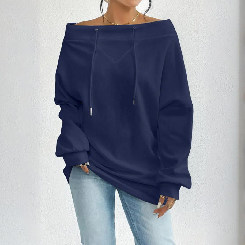 Plus Size Women's Solid Color Off-Shoulder Long Sleeve Pullover With Drawstring - Casual Ribbed Detail Top For Spring&Fall CJ US