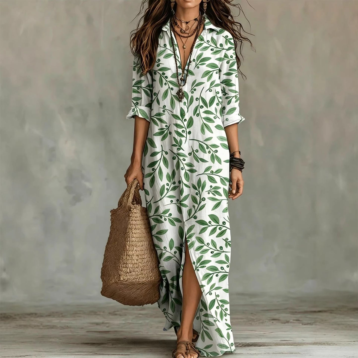 Casual Lapel-Neck Long Digital-Print Womens Shirt Dress 