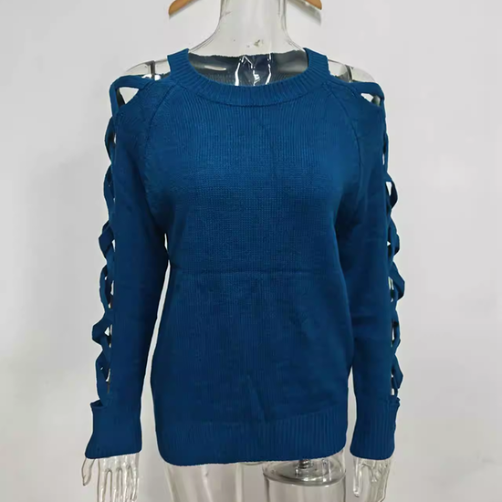 Women's Casual Long Sleeve Hollow Out Sweater, Trendy Chic Crewneck Openwork Knit Pullover Top For Fall CJ US