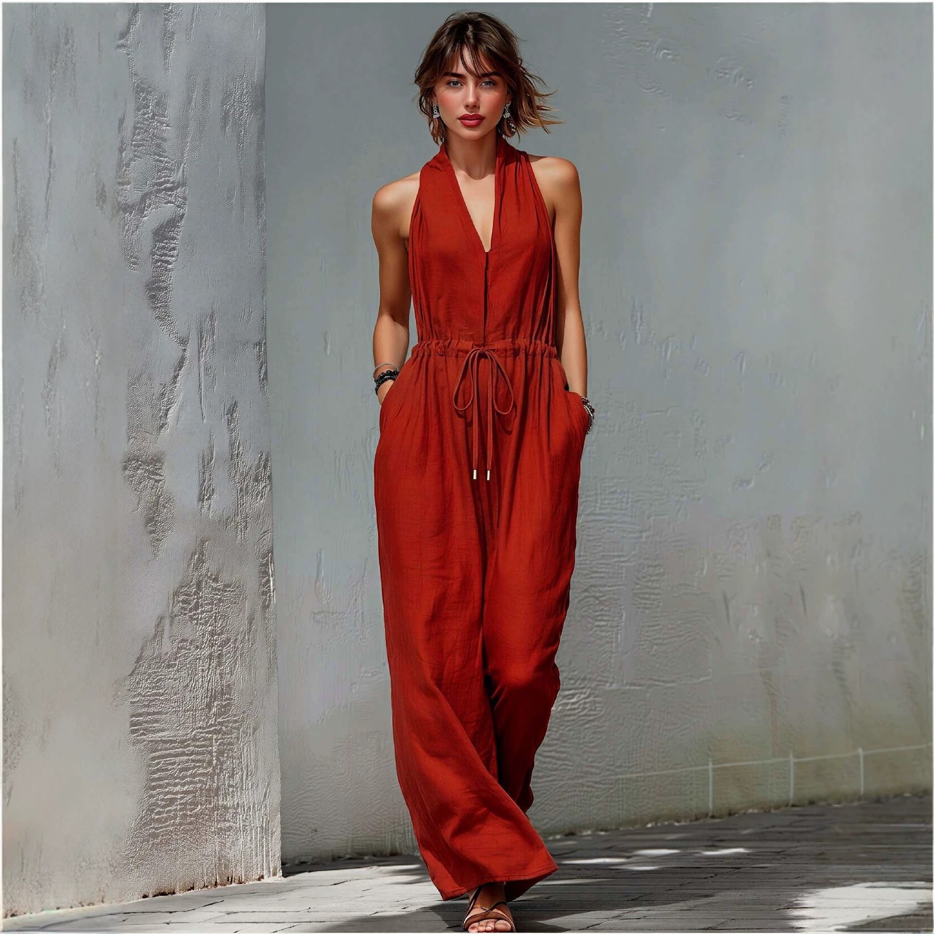 Womens Sleeveless Solid-Color Long Holiday Jumpsuit 