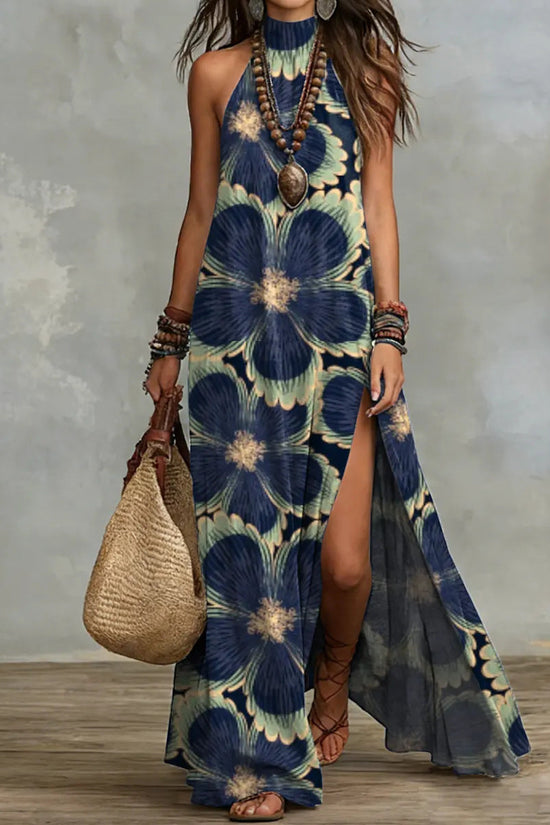 Split Sleeveless Multicolored Printed Maxi Dress 