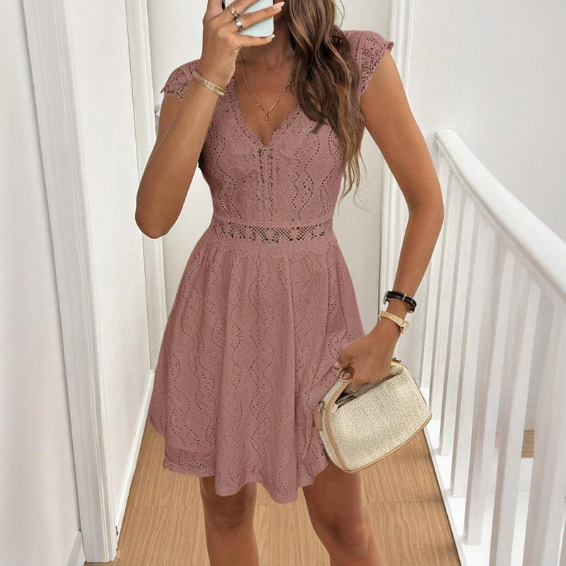 Women's V-Neck Solid Color Short Sleeve Dress With Lace Trim - Summer Sexy Vacation Dress CJ US