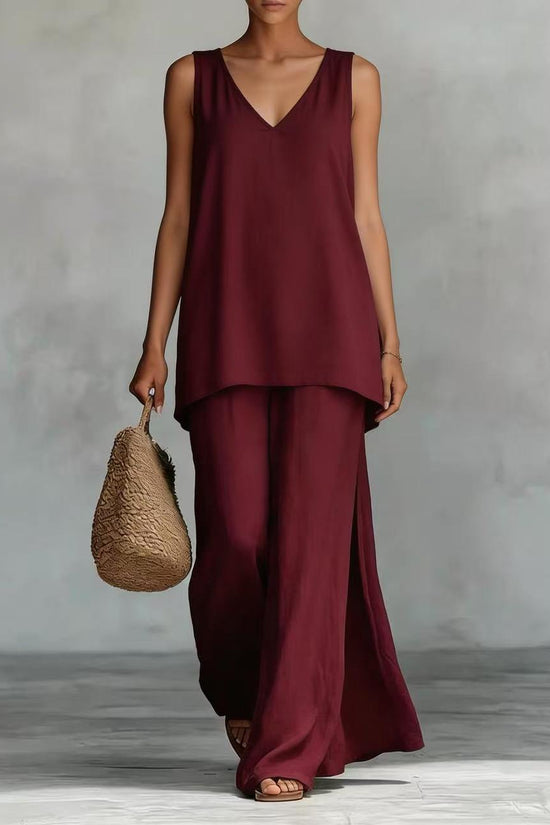 New Casual Bohemian-style Wide-leg Pants And V-neck Vest Set 
