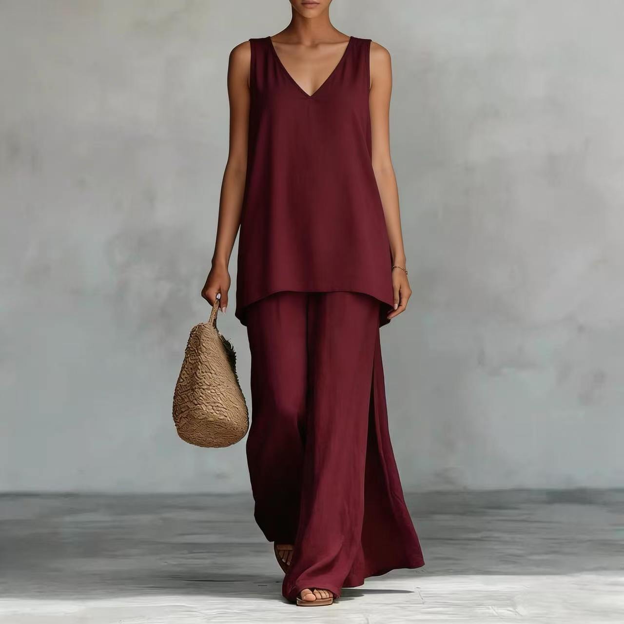 New Casual Bohemian-style Wide-leg Pants And V-neck Vest Set 