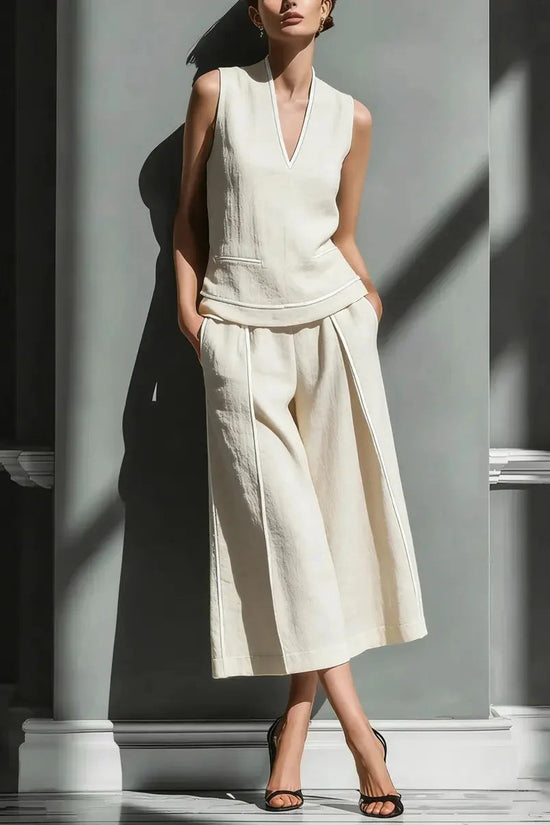 Casual Comfort Womens Sleeveless Linen Shirt Set 