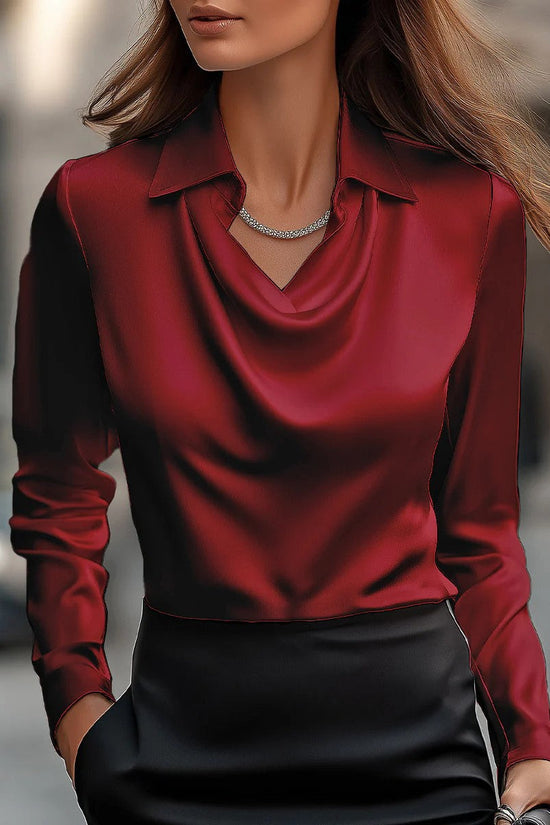 Spring And Autumn Temperament Long Sleeve Satin Swing Collar Top Shirt For Women 