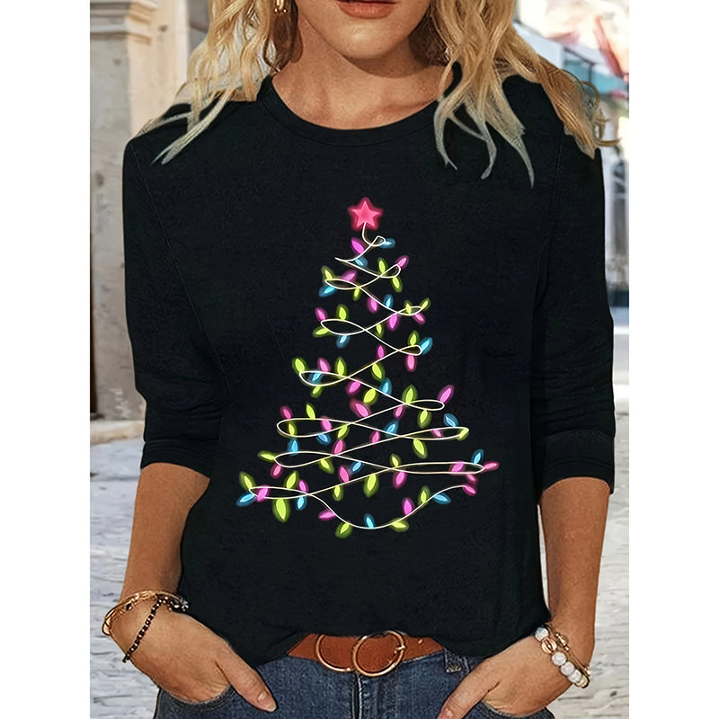 Women's Long Sleeve Merry Christmas T-Shirt, Cute Christmas Tree Graphic Tee, Funny Holiday Party Top CJ US