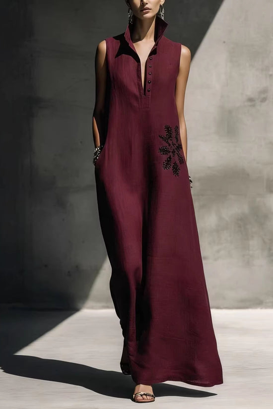 Heat-transfer Graphic Pocket Casual Mandarin-collar Cotton-linen Dress 
