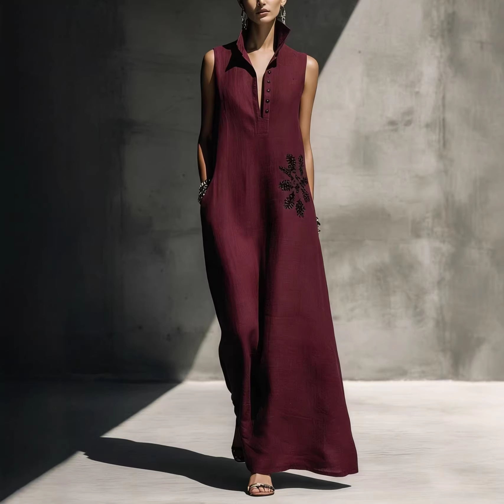 Heat-transfer Graphic Pocket Casual Mandarin-collar Cotton-linen Dress 