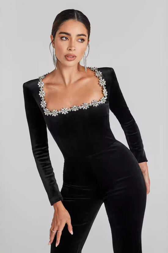 Women’s Diamond-Encrusted Square-Collar Flared Jumpsuit CJ