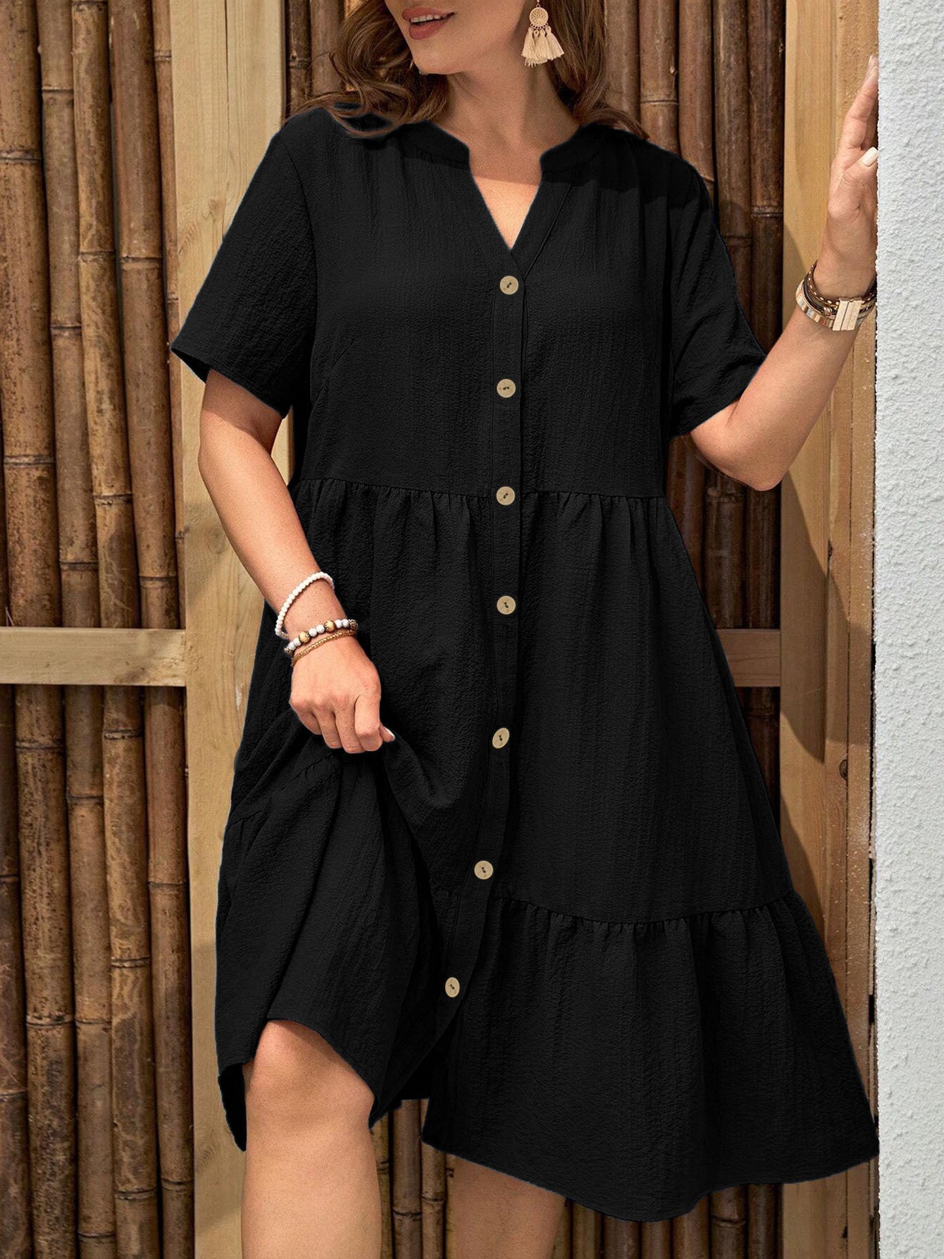 Plus-Size Button-Front V‑Neck Midi Dress CJ US