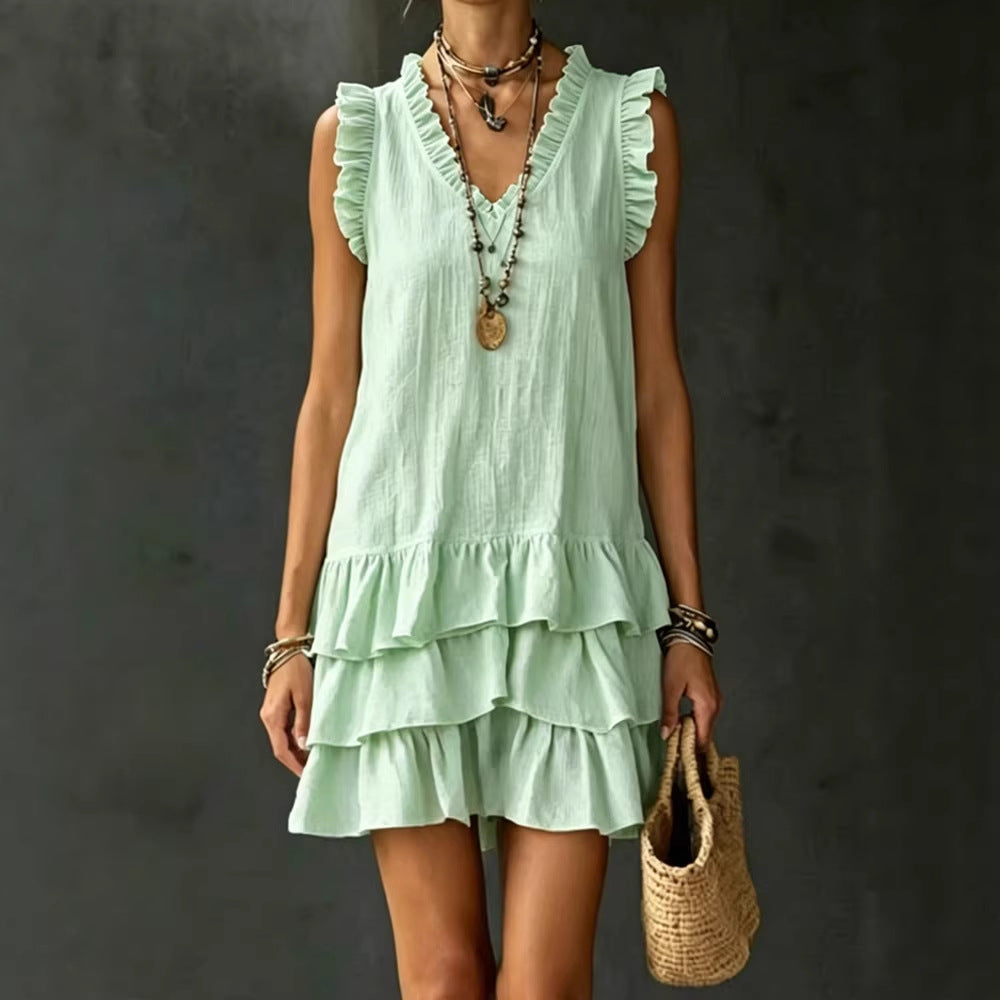 Women's Casual V-Neck Ruffle-Trim Sleeveless Dress 