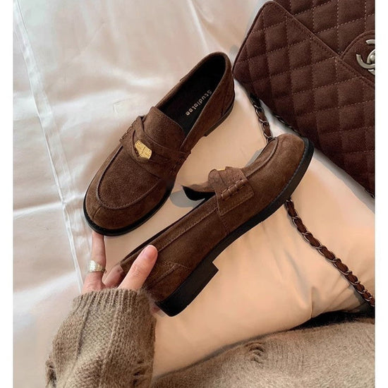 Round-toe Small Gold Coin Loafers British-style Leather Slip-ons 