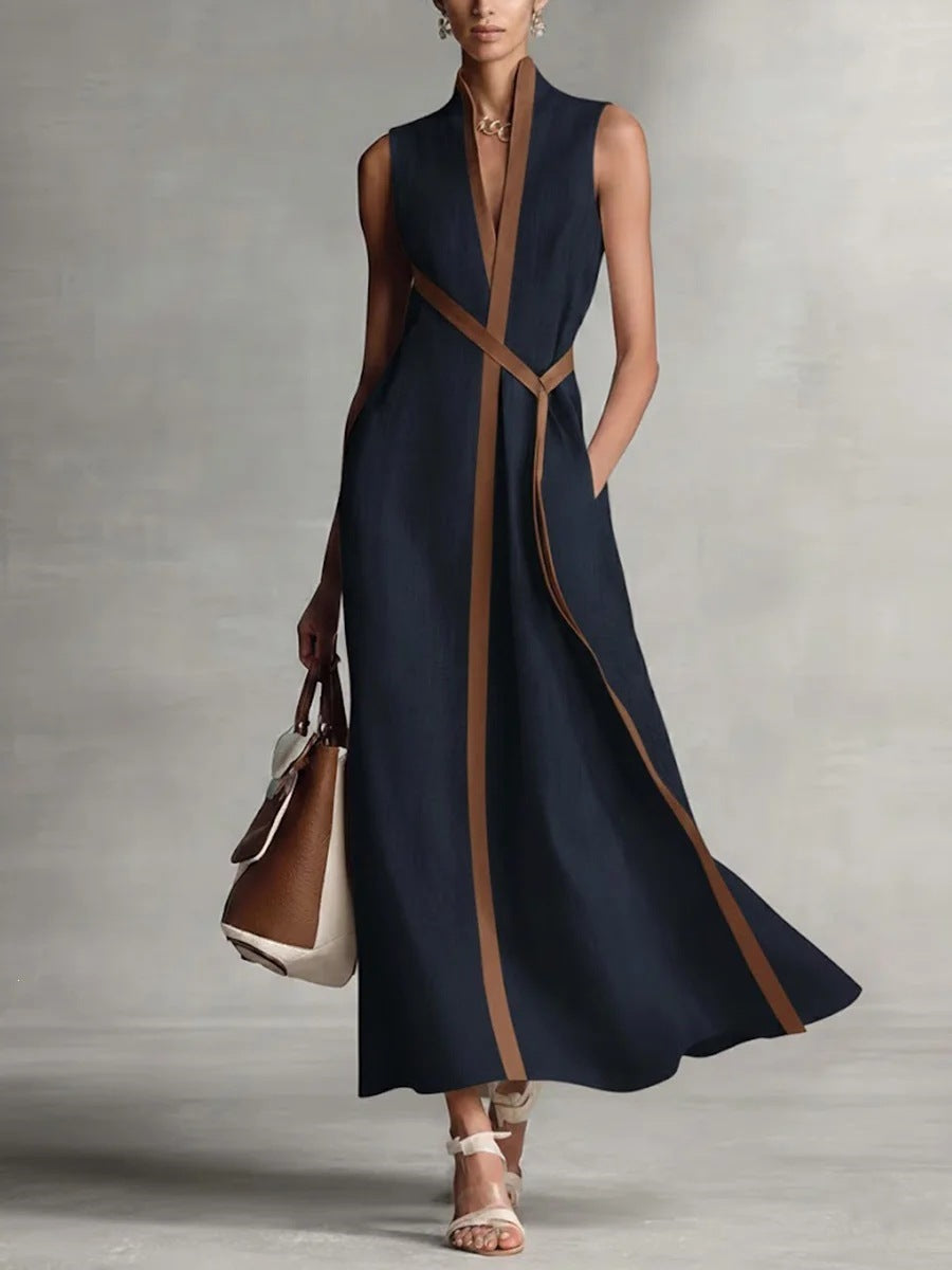 Color Block Sleeveless Stand Collar Linen Blend Dress 