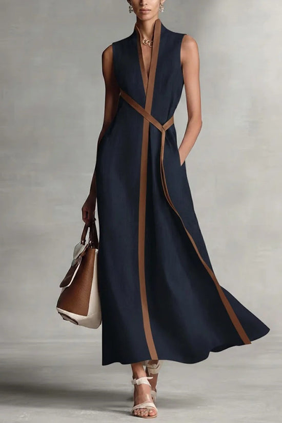 Color Block Sleeveless Stand Collar Linen Blend Dress 