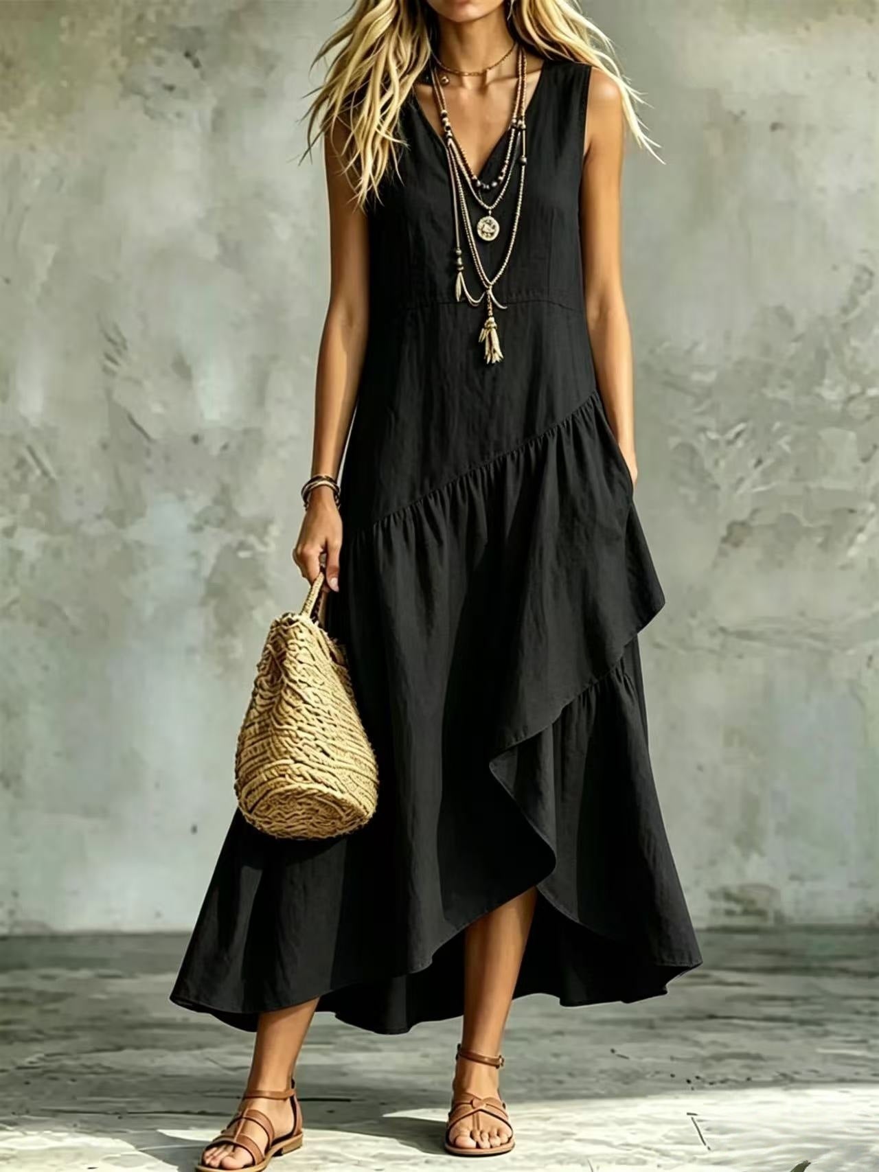 Women's Casual Solid-Color Loose Sleeveless Dress 