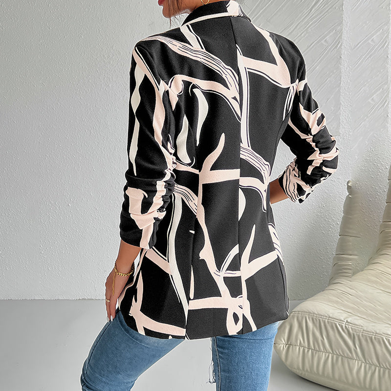 Women's Abstract Print Blazer Button Front Lapel Long Sleeve Office Blazer Elegant Work Jacket For Women CJ US