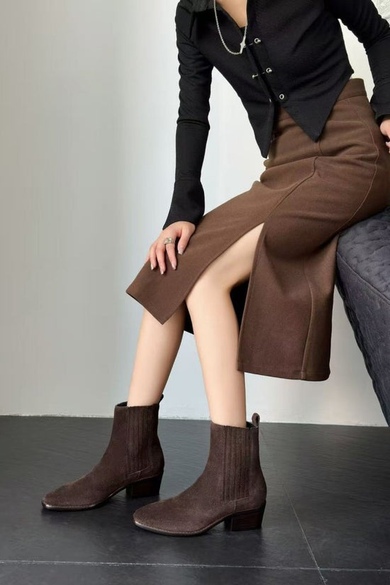 Mid-heel Chunky-heel Retro Square-toe Matte Leather Womens Boots 