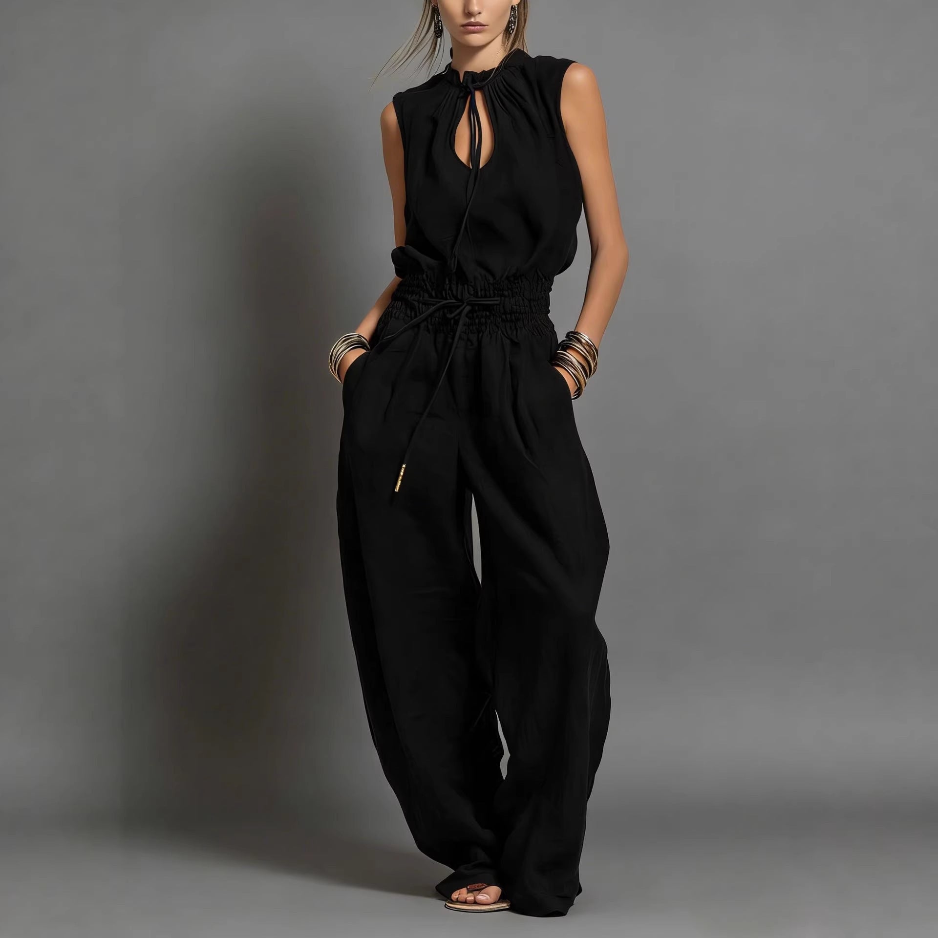 Personalized Street-style Loose-fitting Sleeveless Waist-cinching Wide-leg Jumpsuit 