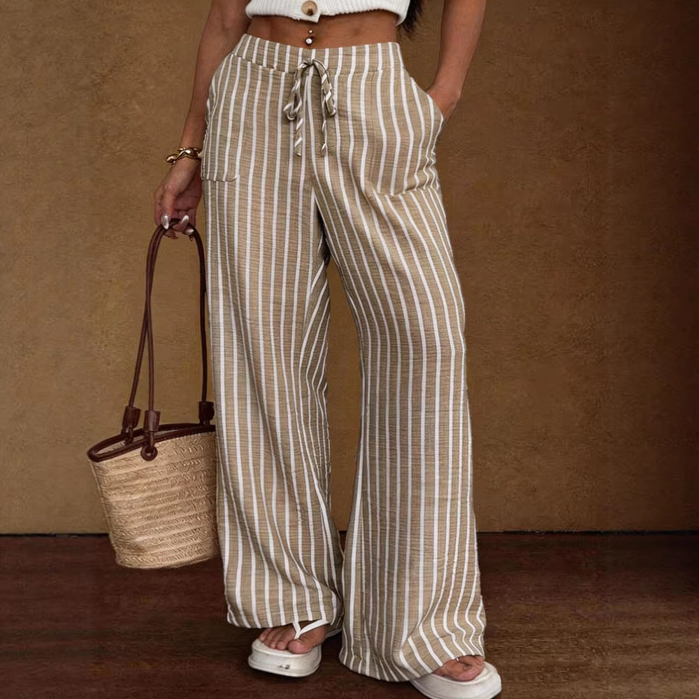Striped Loose Commuter Casual Lace-up Elastic-waist Wide-leg Trousers 