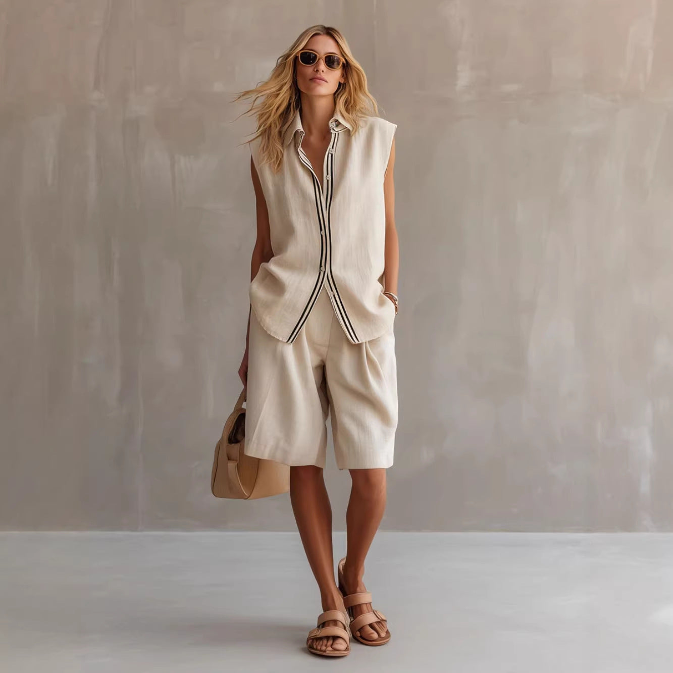 Single-breasted Sleeveless Linen Shirt And Shorts Set 