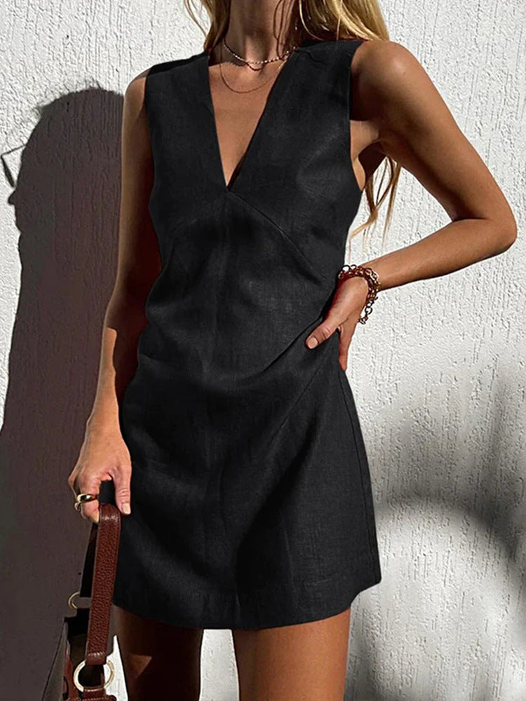 V-neck Cotton And Linen Sleeveless Dress Women's Solid Color Vest Short Skirt FitiqueFit