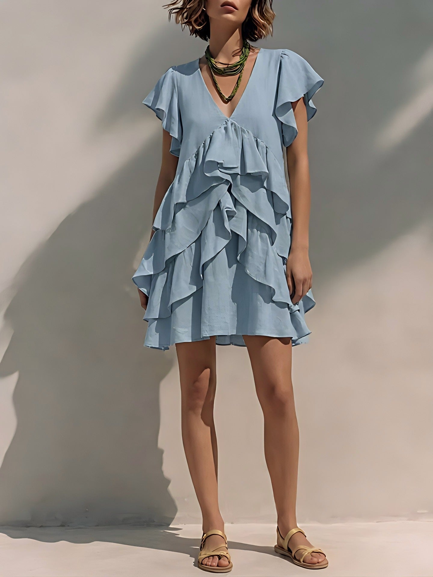 Women's V-Neck Ruffled-Edge Short-Sleeve Casual Loose Dress 